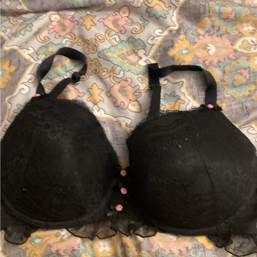 Cacique Black Lace Push-Up Bra with Pink Button Accents